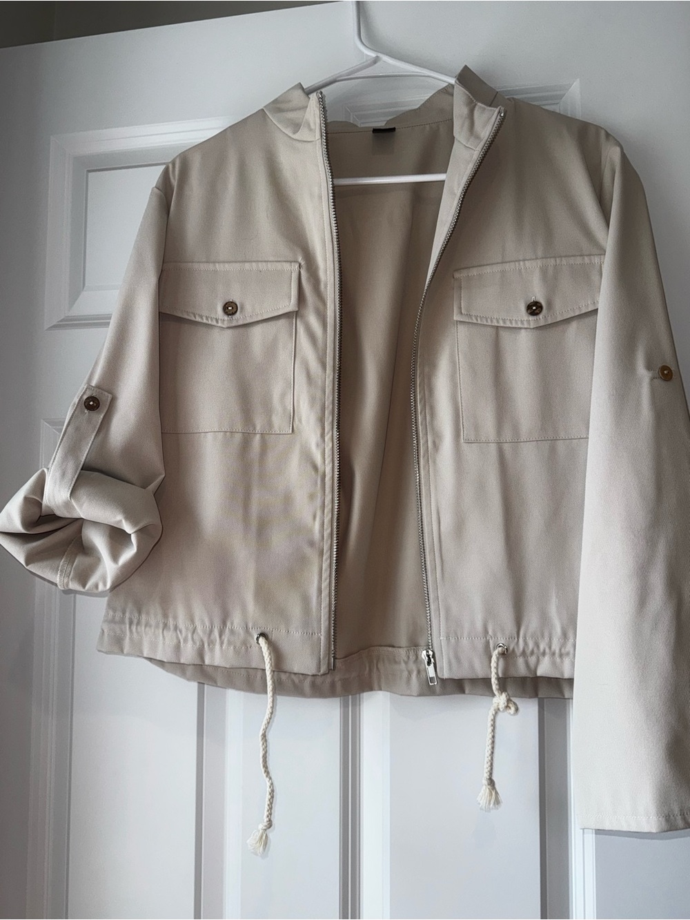 Light Cream Utility Jacket with Drawcord Hem